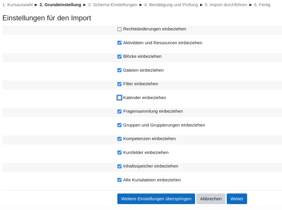 Zeigt die zweite Seite des Imports - Rechte und Informationsauswahl des Imports