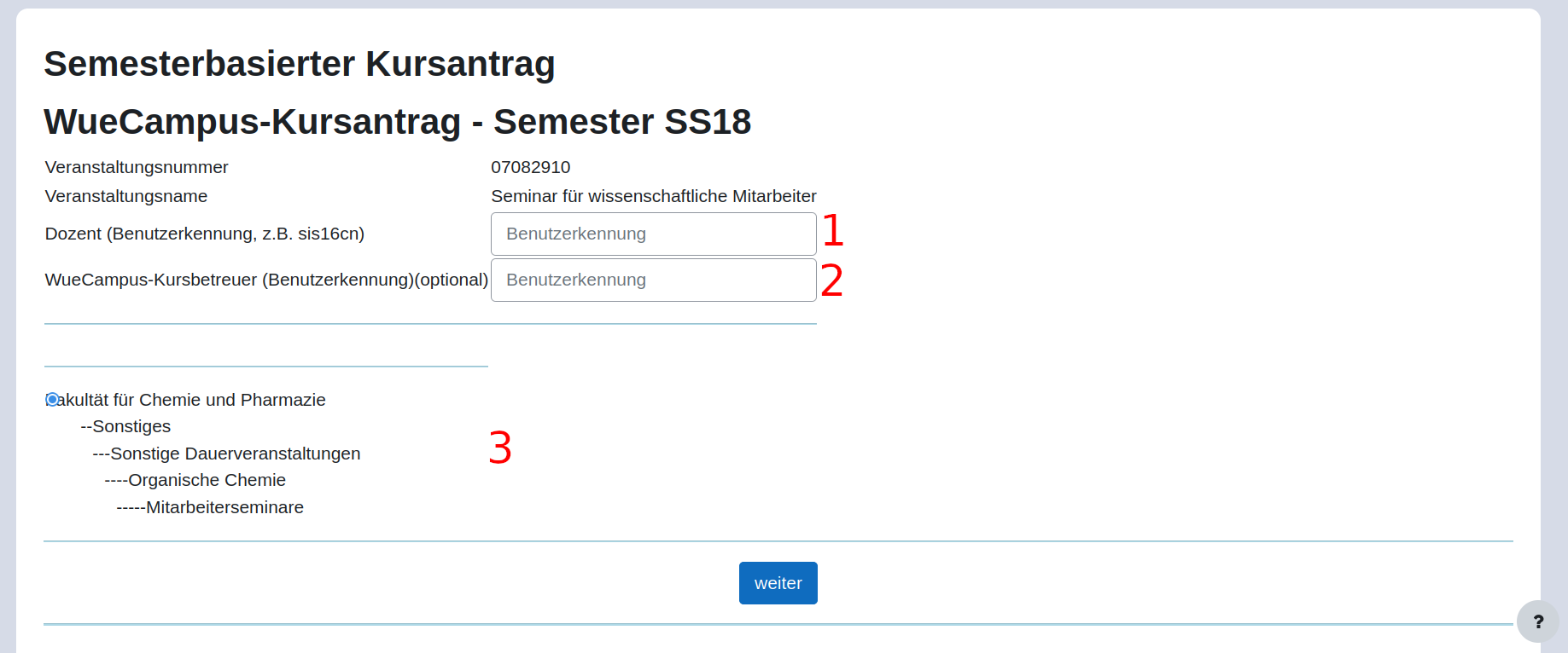 Seite 2 des Formulares, Dozentenkennung und Kategorie