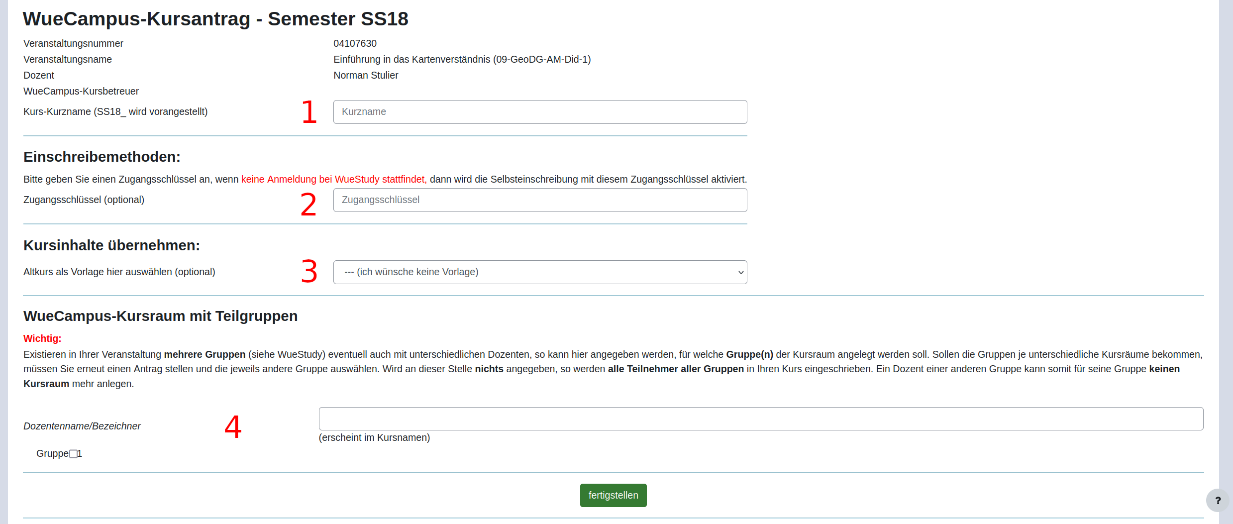 Kursantrag Seite 3 - Kurzname, WueStudy Gruppen