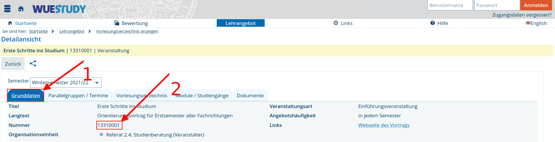 Bild zeigt eine WueStudy Veranstaltung mit Pfeilen auf Grunddaten und dann auf die Veranstaltungsnummer