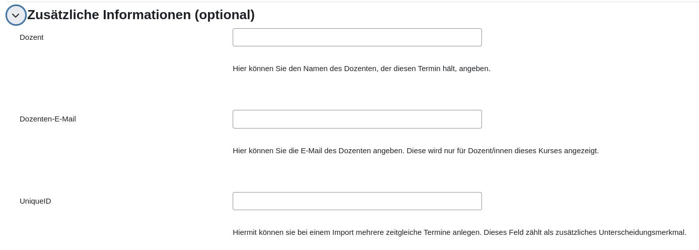 Ein Bild der drei neuen Eingabefelder, Dozentenname, Dozenten-E-Mail und Unique-ID