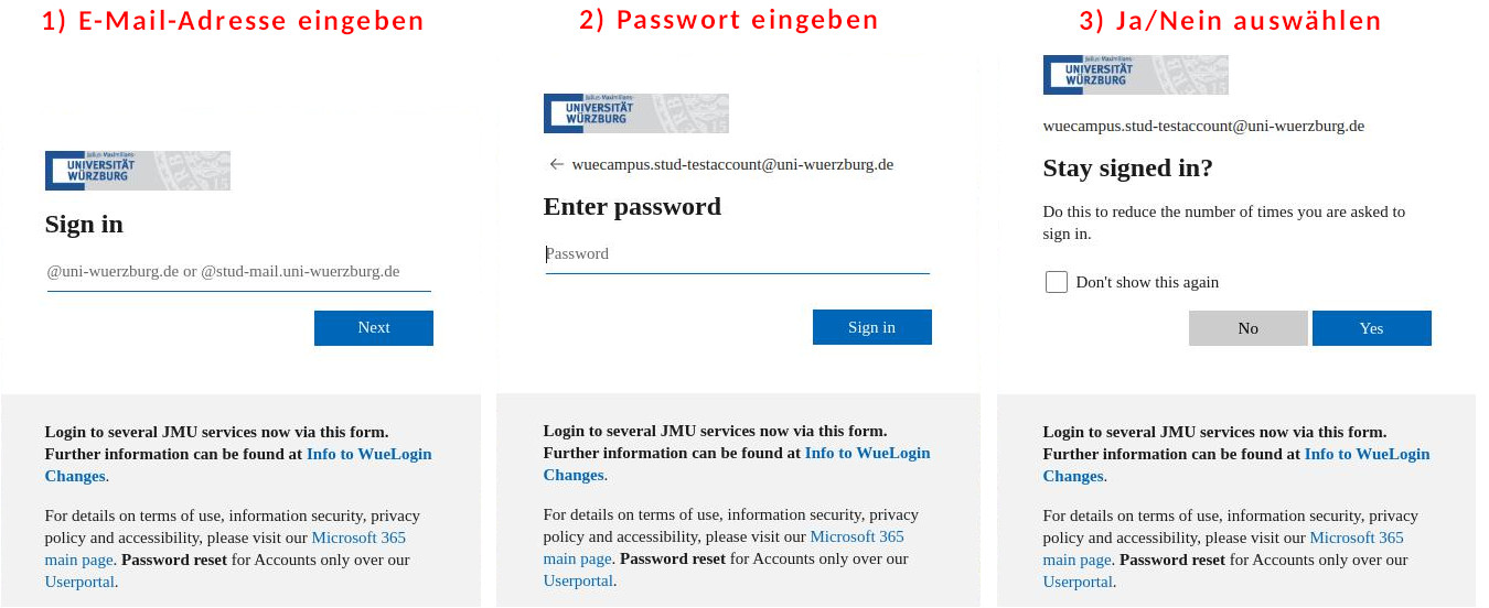 Loginfenster in drei Schritten bei Microsoft Login: 1. Email eingeben, 2. Passwort eingeben, 3. Eingeloggt bleiben mit Ja oder Nein bestätigen.