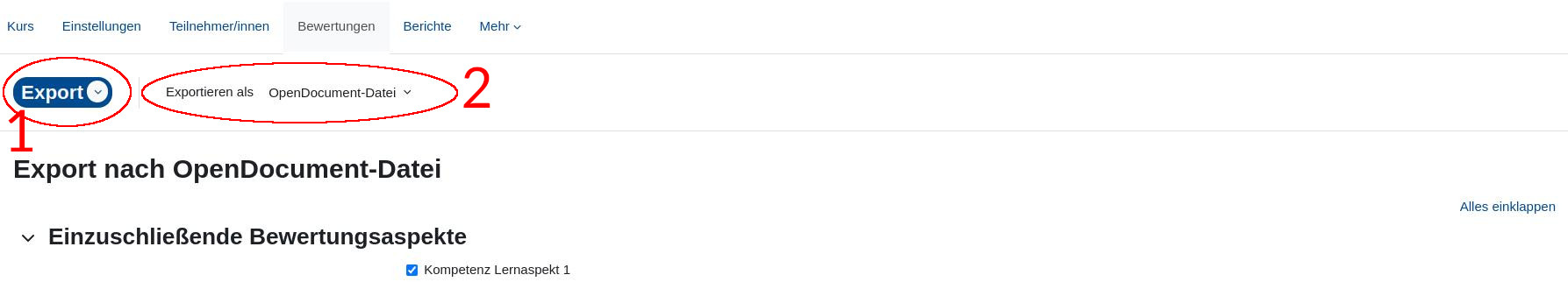 Es wird der obere Teil eines Kurses auf WueCampus gezeigt, in dem das Menü 'Bewertungen' geöffnet wurde. Die 1 markiert den selektieren Dropdown der auf 'Export' steht. Die 2 markiert die Option 'Exportieren als' direkt neben dem Dropdown